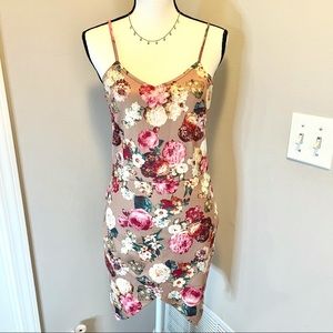 Beige floral print bodycon mini dress